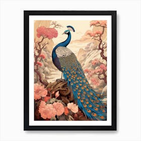 Peacock Animal Drawing In The Style Of Ukiyo E 1 Art Print