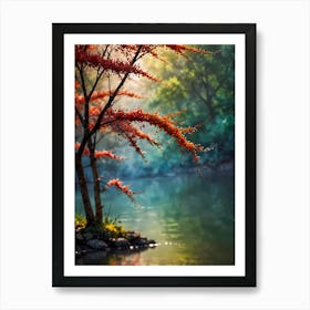 Autumn Tree By The River Art Print