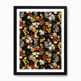 Boho Scattered Mixed Flower Bouquets on Black Art Print