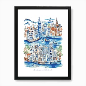 Amsterdam Netherlands Illustration Line Art Travel Blue Art Print