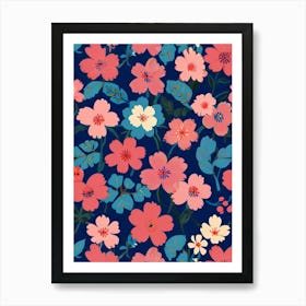 Pink Flowers On A Blue Background Art Print