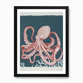 Detailed Red & Navy Linocut Octopus 1 Art Print