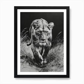 Barbary Lion Charcoal Drawing Lioness 1 Art Print