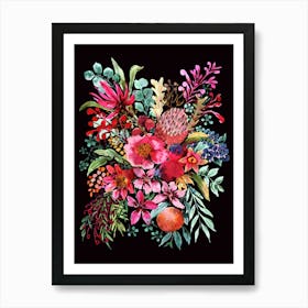 Protea And Pomegranate On A Black Background Art Print