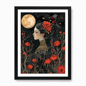 Chinese Girl in the flower field by night Art Print