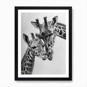 Pencil Portrait Of Giraffe Mother & Calf 3 Art Print