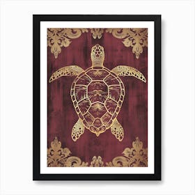 Maroon Art Deco Sea Turtle 1 Art Print