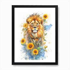 Lion With Sunflowers Art Print