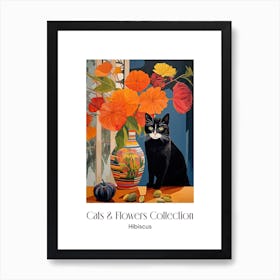 Cats & Flowers Collection Hibiscus Flower Vase And A Cat, A Painting In The Style Of Matisse 1 Art Print