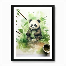 Panda Art Doing Calligraphy Watercolour 3 Art Print
