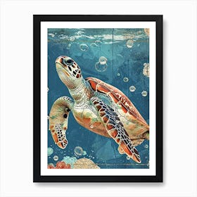 Textured Sea Turtle Collage With Bubbles 2 Art Print