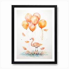 Flamingo Flying With Autumn Fall Pumpkins And Balloons Watercolour Nursery 1 Art Print