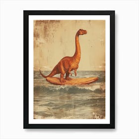 Vintage Brachiosaurus Dinosaur On A Surf Board 1 Art Print