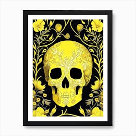 Skull With Floral Patterns 3 Yellow Line Drawing Art Print