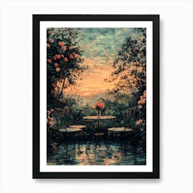 Romantic Vintage Garden With Wrought Iron Furniture – Sunset Floral Art Print Art Print