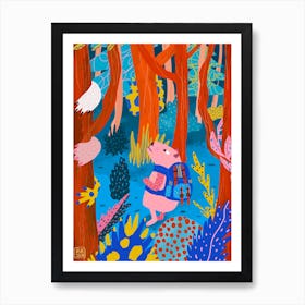 Backpacking Pink Capybara In Forgotten Forest Art Print