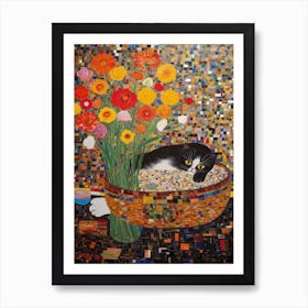 Lilies With A Cat 3 Art Nouveau Klimt Style Art Print