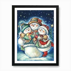 Happy Snowman Family Together On A Christmas Eve Art Print