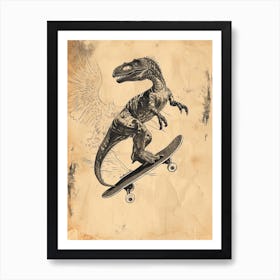 Vintage Sinornithosaurus Dinosaur On A Skateboard 4 Art Print