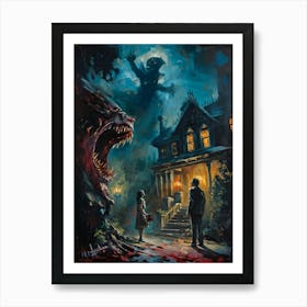 Showcasing A Startling Array Of Vintage Horror Art The Scene Unveils A Chaotic Amalgamation Of Thri (3) Art Print