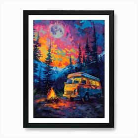 Mini Bus At Sunset, Vibrant, Pop Art Art Print