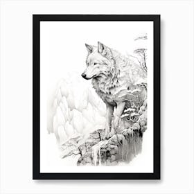 Japanese Wolf Line Drawing 4 Art Print