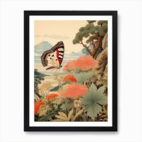 Butterfly With Beautiful Pink Flowers Japanese Style Painting 2 Art Print