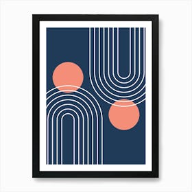 Mid Century Modern Geometric In Navy Blue And Coral (Rainbow And Sun Abstract) 01 Art Print