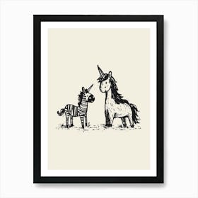 A Unicorn & Zebra Black And White 1 Art Print