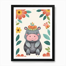 Floral Baby Hippo Nursery Illustration (16) Art Print