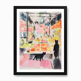 Food Market With Cats In Berlin 2 Watercolour Art Print