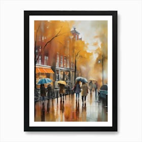 Amsterdam cafes, autumn season, rain, autumn oil colours.Faded colours,People passing on the street, winter clothes, rain umbrellas..11 1 Art Print