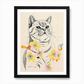 Cute British Shorthair Cat With Flowers Illustration 3 Art Print