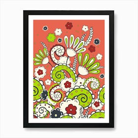 Doodles, Spring Garden, Green and terracotta version Art Print