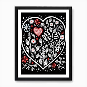 Heart Linocut Doodle Red & Black Art Print