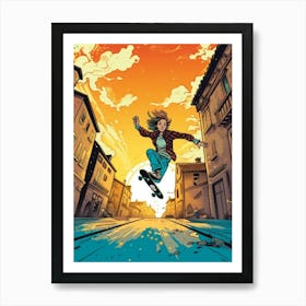 Skateboarding In Lyon, France Comic Style 4 Art Print