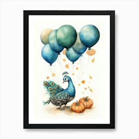 Peacock Flying With Autumn Fall Pumpkins And Balloons Watercolour Nursery 4 Art Print