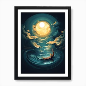 Moonlight Boat In The Water Art Print