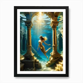 Woman swimming in gold underwater ruin 1 Art Print