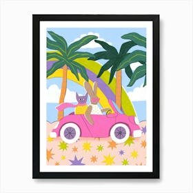 Pink Car Rainbow Palm Trees Art Print