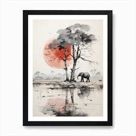 Elephant, Japanese Brush Painting, Ukiyo E, Minimal 1 Art Print