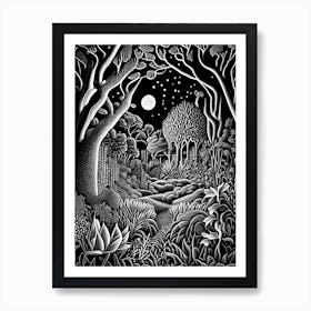 Garden Of Cosmic Speculation, United Kingdom Linocut Black And White Vintage Art Print