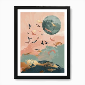 'Birds In Flight' in Pink Grey And Gold Art Print