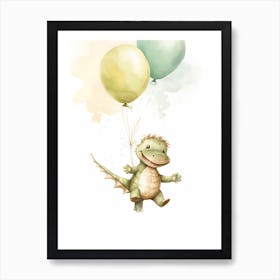 Baby Alligator Flying With Ballons, Watercolour Nursery Art 3 Art Print