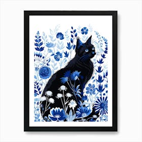 Black Cat In Blue Flowers 4 Art Print