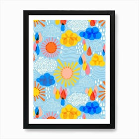 Light Blue Weather Forecast Abstract Sun, Rain, and Clouds Kids Art Print