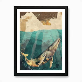 Whale Ocean Painting Gold Blue Effect Collage 2 Art Print