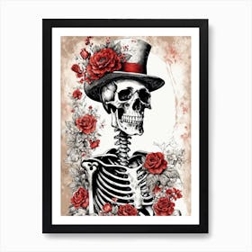 Floral Skeleton With Hat Ink Painting (6) Art Print