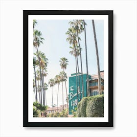 Los Angeles, USA I Green midcentury architecture of Beverly Hills Hotel under LA sun and palm trees with retro vintage summer pastel aesthetic of a film camera photography just like in the 1960s Hollywood movies Art Print