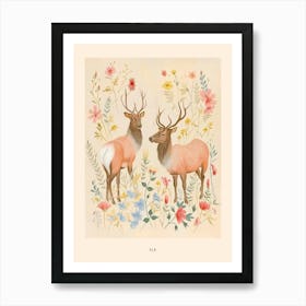 Folksy Floral Animal Drawing Elk 3 Poster Art Print